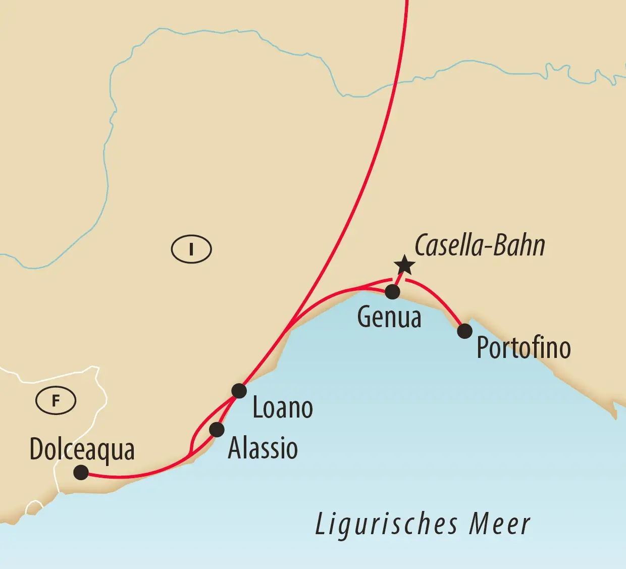 Karte mit der Reiseroute über Loano, Alassio, Dolceacqua, Genua, Portofino und die Casella-Bahn.
