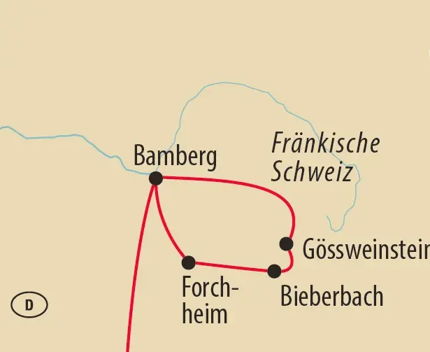 Karte mit der Reiseroute über Bamberg, Forchheim, Bieberbach und Gößweinstein in der Fränkischen Schweiz.