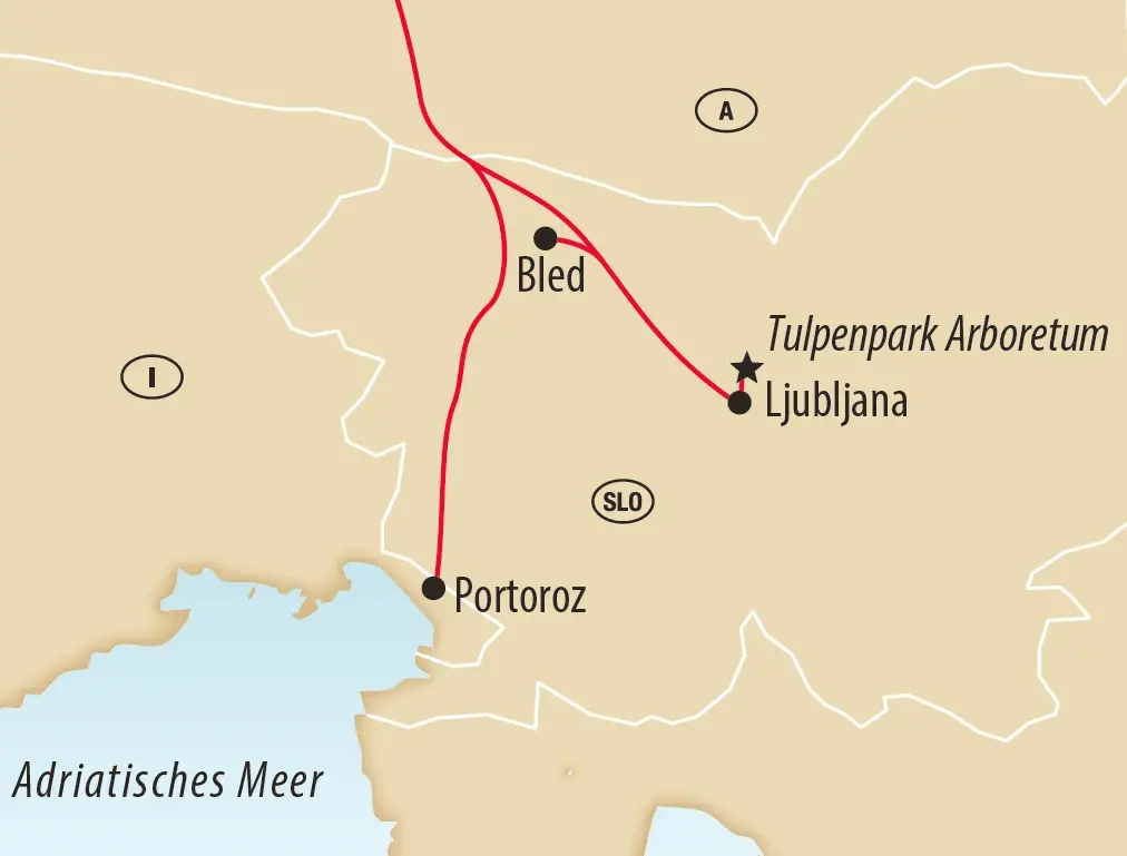 Karte von Slowenien mit eingezeichneter Reiseroute zwischen Ljubljana und Bled sowie dem Adriatischen Meer im Süden