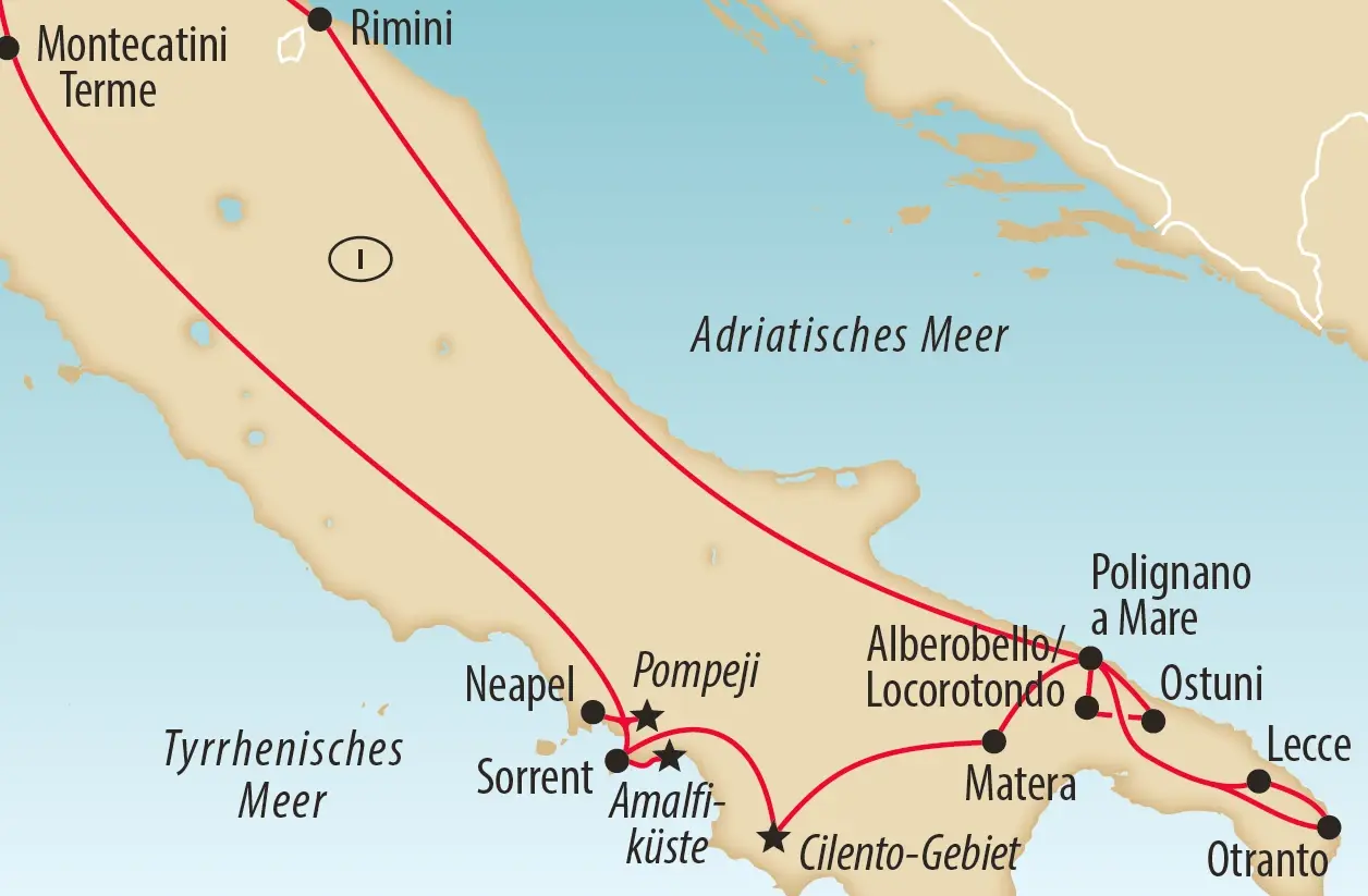 Reiseroute durch Sorrent, Amalfiküste, Matera, Alberobello, Apulien und Neapel.
