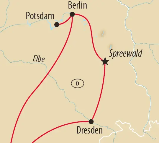 Karte der Rundreise über Berlin, Potsdam, Spreewald und Dresden.