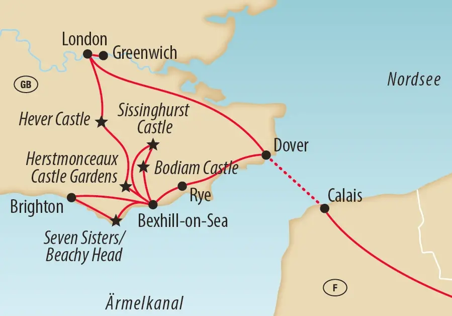 Karte der Rundreise über London, Greenwich, Brighton, Rye, Dover und die Schlösser Südenglands.