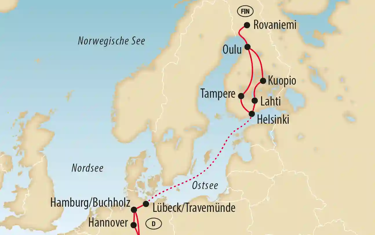 Die Karte zeigt die Reiseroute durch Finnland – von Helsinki über Lahti, Kuopio und Oulu bis nach Rovaniemi in Finnisch Lappland. Weitere Stationen wie Tampere ergänzen die abwechslungsreiche Reise zwischen Städten, Seenlandschaften und der arktischen Winterwelt. Die An- und Abreise erfolgt über Lübeck/Travemünde und die Ostsee.