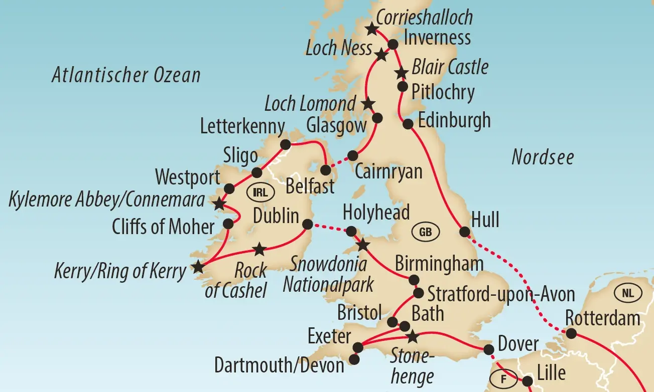 Übersichtskarte einer Rundreise durch Grossbritannien und Irland mit markierten Stationen
