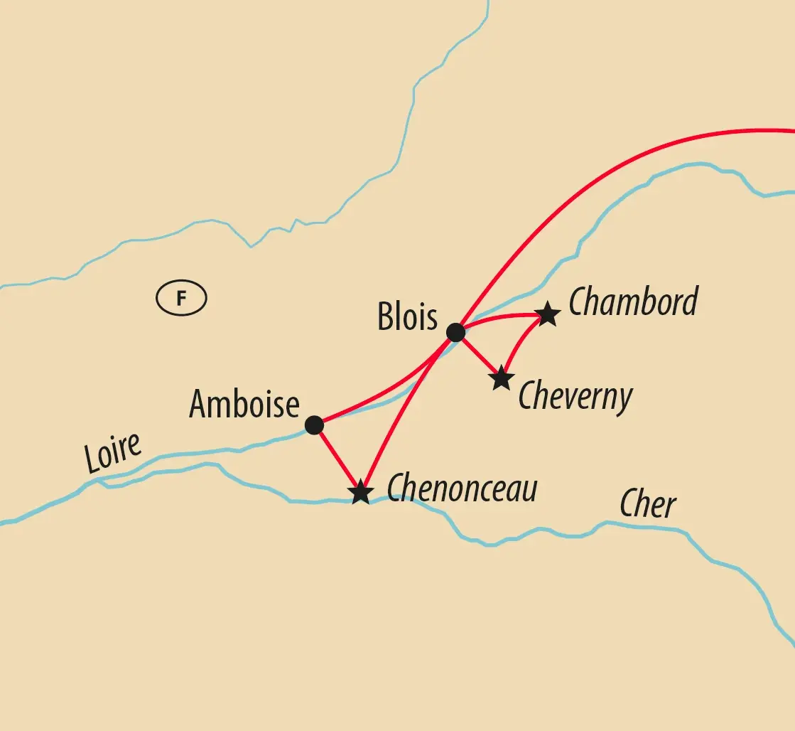 Karte des Loiretals mit Reiseroute und Stationen wie Blois, Chambord und Chenonceau.