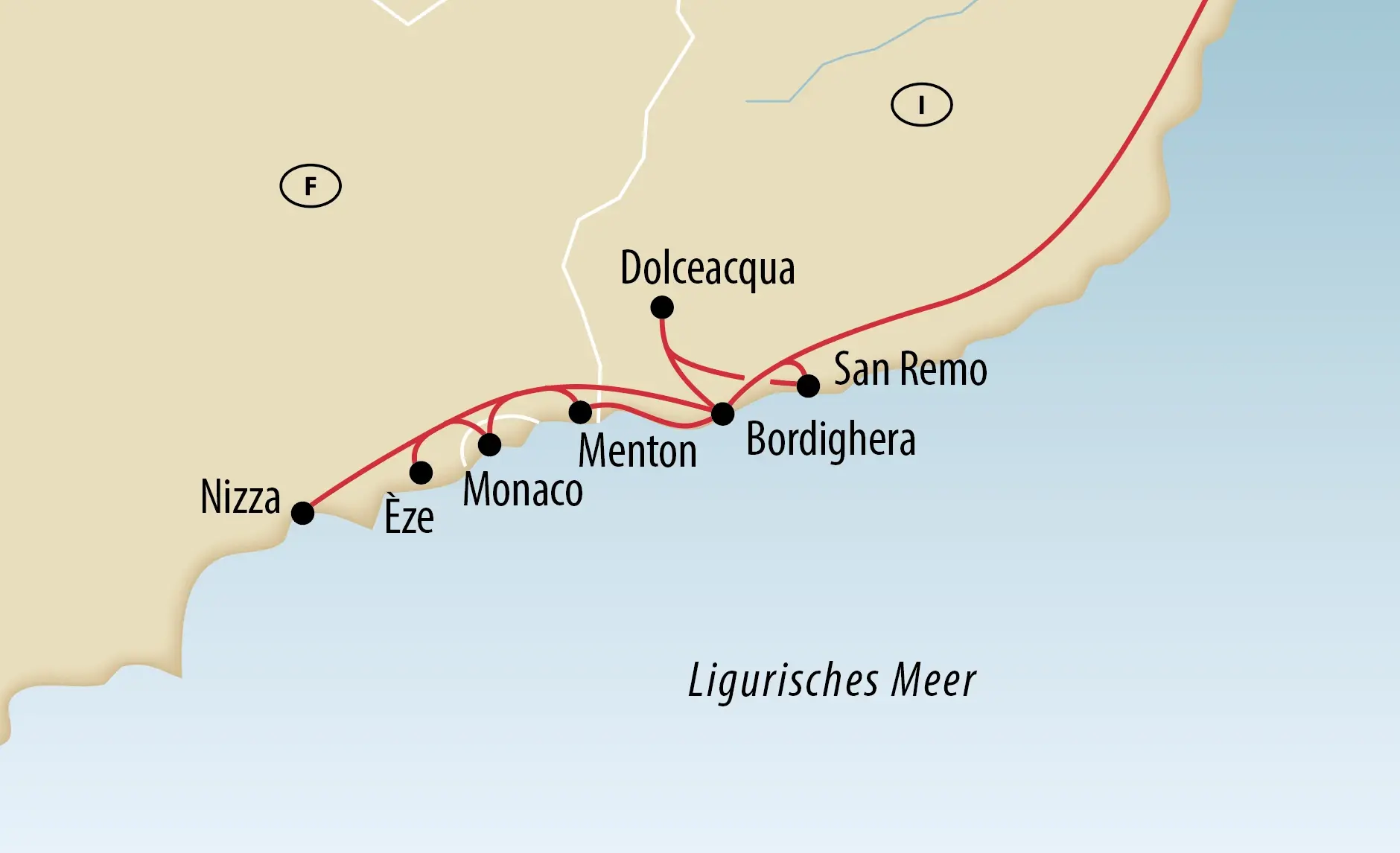 Karte der Reiseroute entlang der Kueste von Nizza über Monaco und Menton bis San Remo