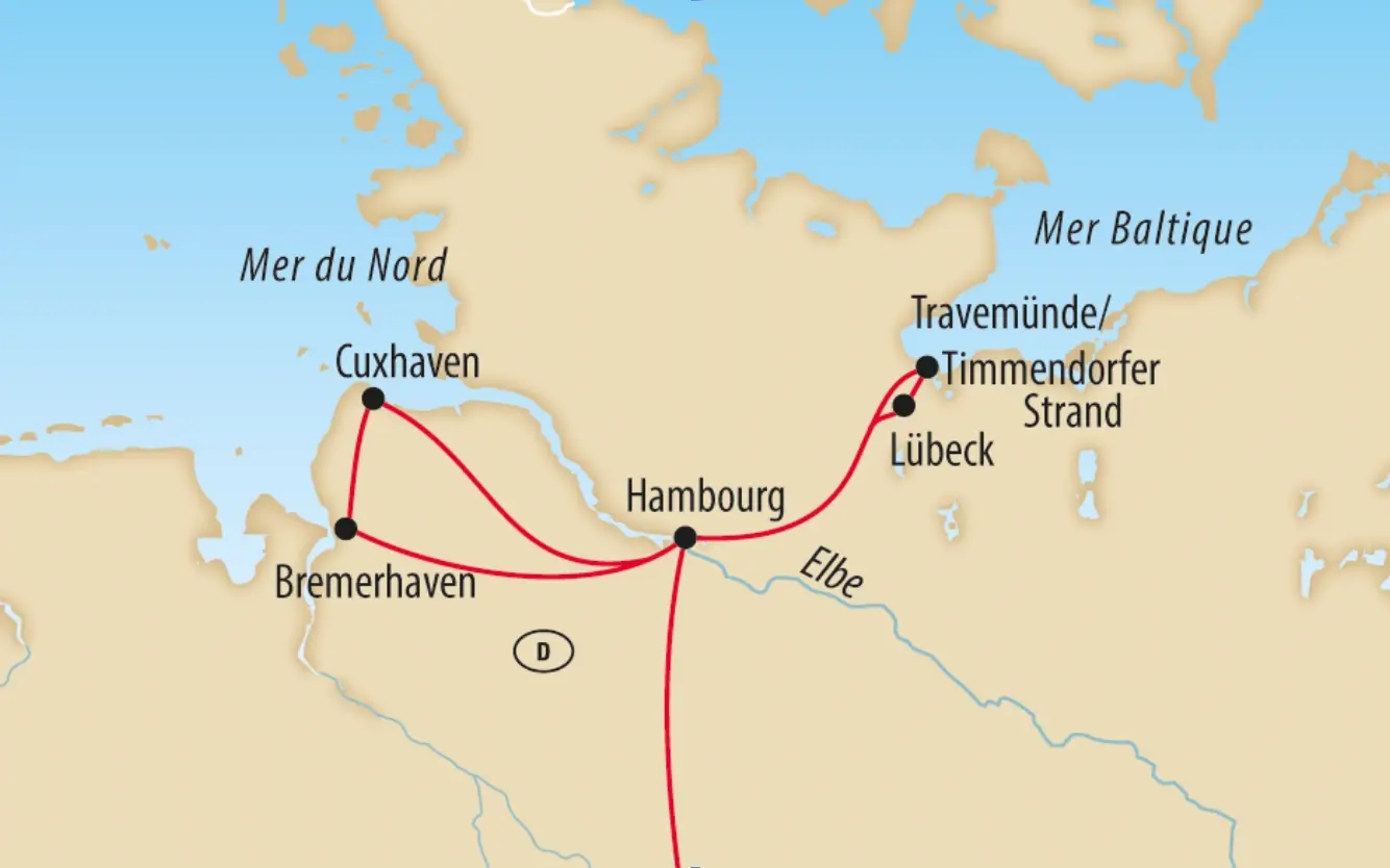 Carte d'un itinéraire de voyage dans le nord de l'Allemagne avec des étapes à Bremerhaven, Cuxhaven, Hambourg, Lübeck, Travemünde et Timmendorfer Strand entre la mer du Nord, l'Elbe et la mer Baltique