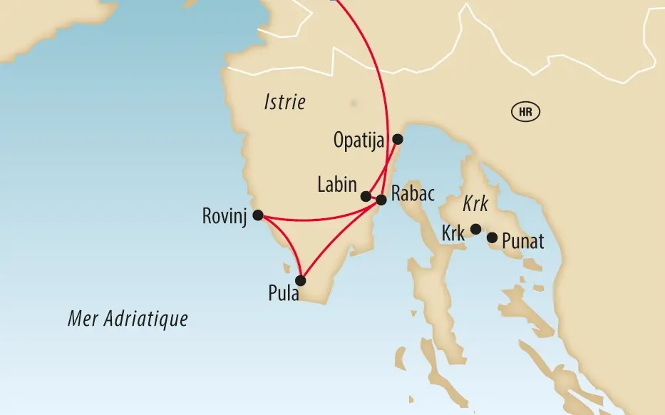 Carte d'un itinéraire de voyage en Istrie et sur l'île de Krk avec des étapes à Opatija, Rovinj, Pula, Labin, Rabac ainsi qu'à Krk et Punat le long de la côte adriatique
