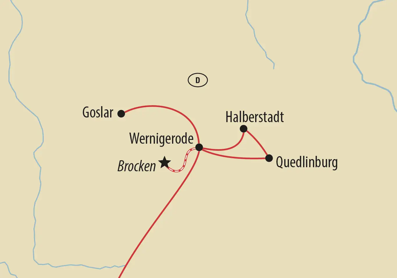 Karte einer Rundreise durch den Harz mit Stationen wie Goslar, Wernigerode, Quedlinburg und Brocken.
