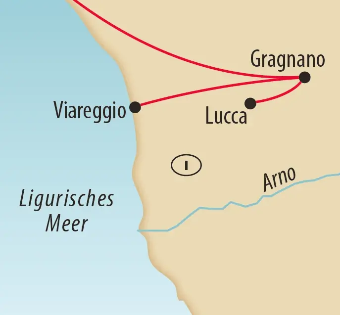 Karte mit der Reiseroute zwischen Viareggio, Lucca und Gragnano in der Toskana.