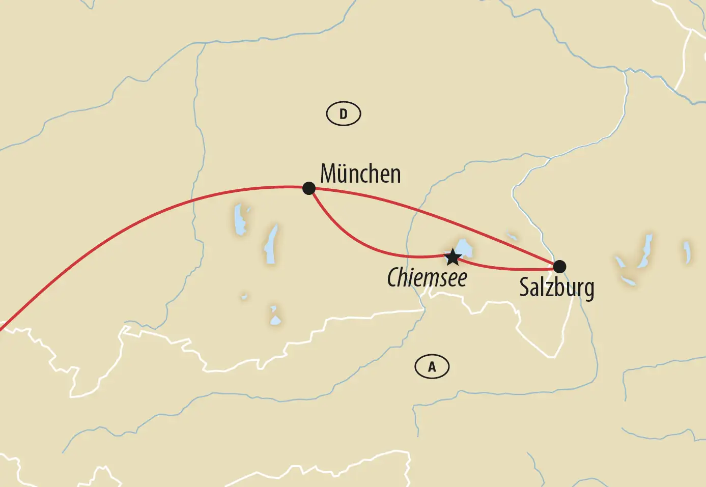 Reisekarte von München über den Chiemsee nach Salzburg mit eingezeichneter Route.