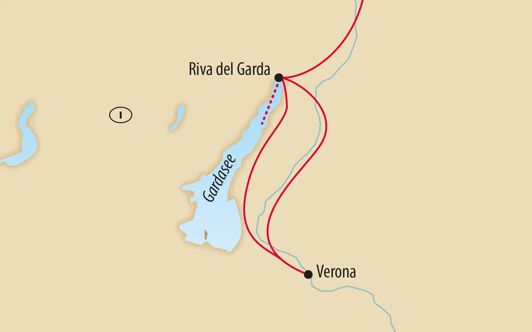 Karte vom Gardasee mit Reiseroute zwischen Verona und Riva del Garda