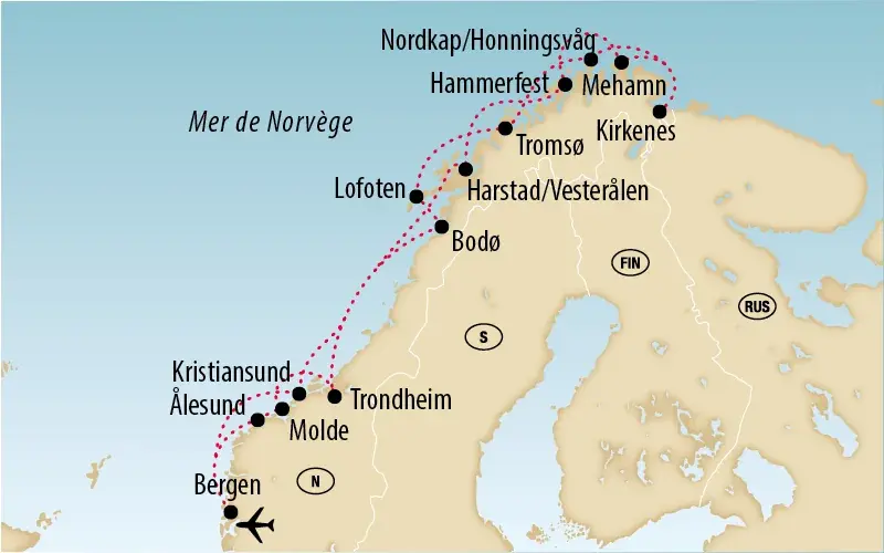 Carte de la côte norvégienne avec itinéraire et étapes