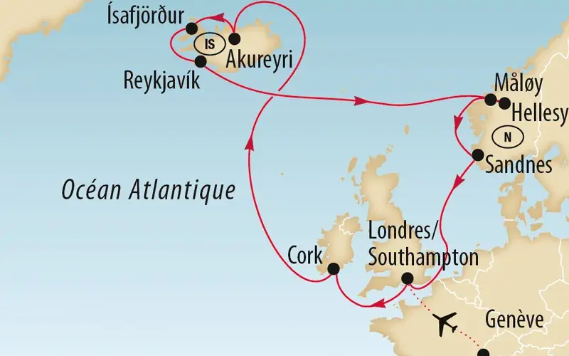 Carte de l'Europe du Nord et de l'Islande avec itinéraire de croisière passant par Reykjavik, Ísafjörður, Akureyri, Cork, Londres Southampton, Sandnes, Hellesylt et Måløy