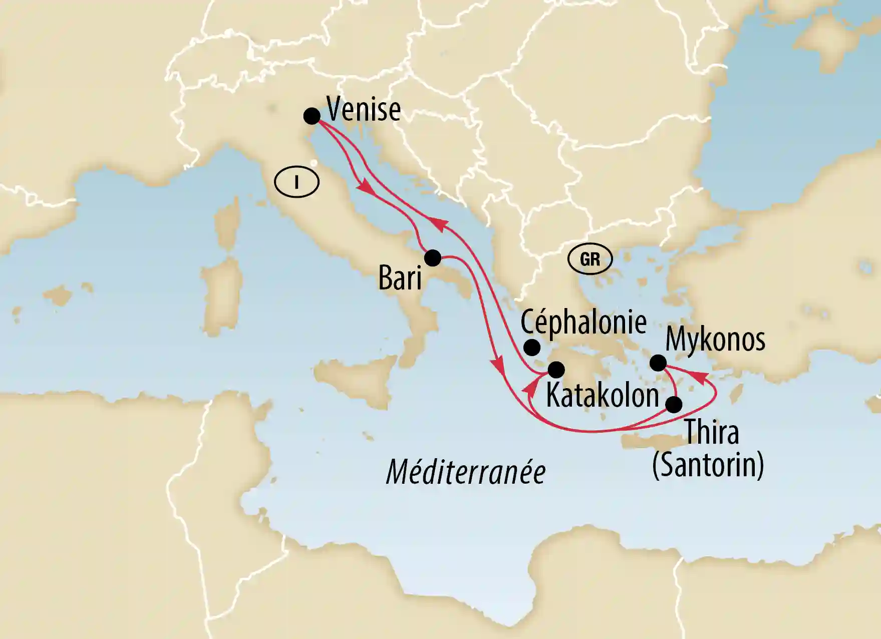 Carte d'un itinéraire de croisière en Méditerranée avec escales à Venise, Bari, Grèce et Cyclades