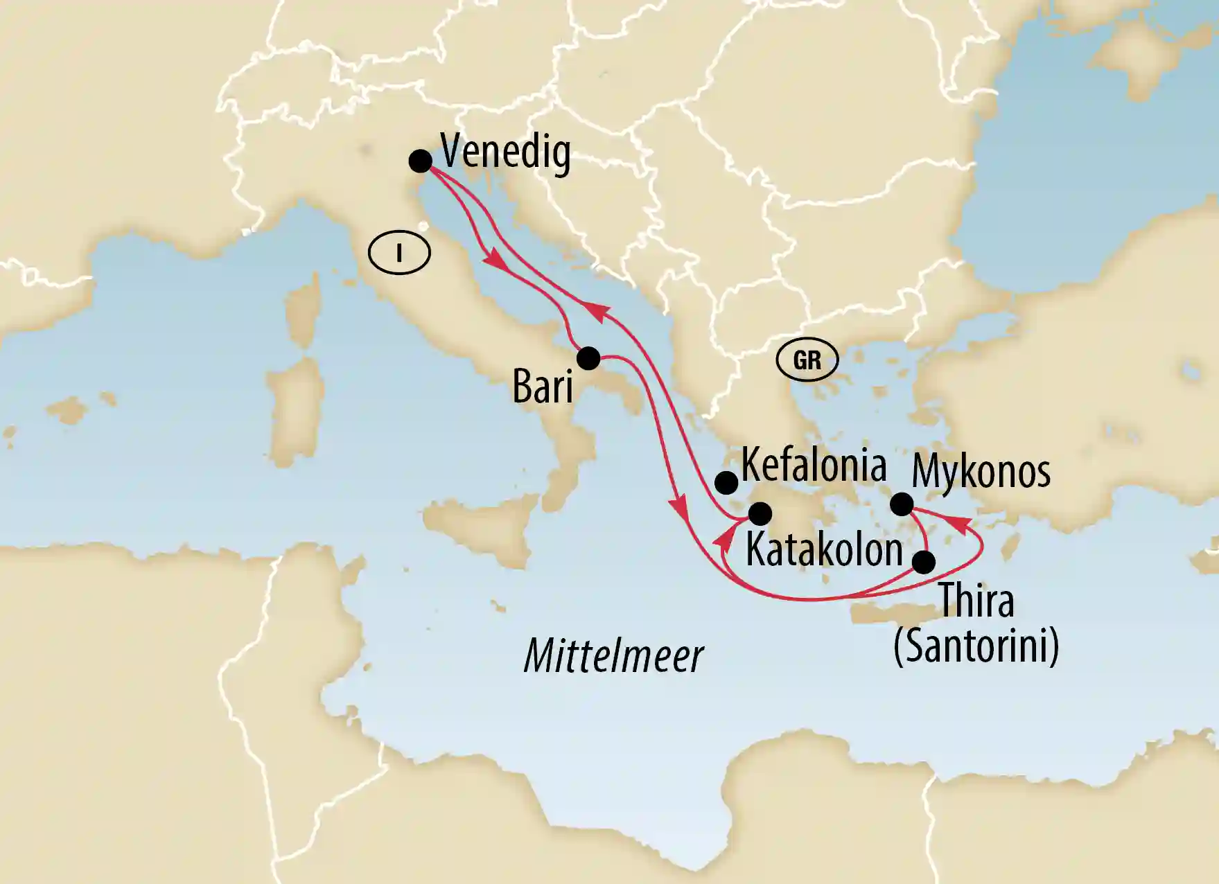 Karte einer Mittelmeer Kreuzfahrtroute mit Stopps in Venedig, Bari, Griechenland und den Kykladen