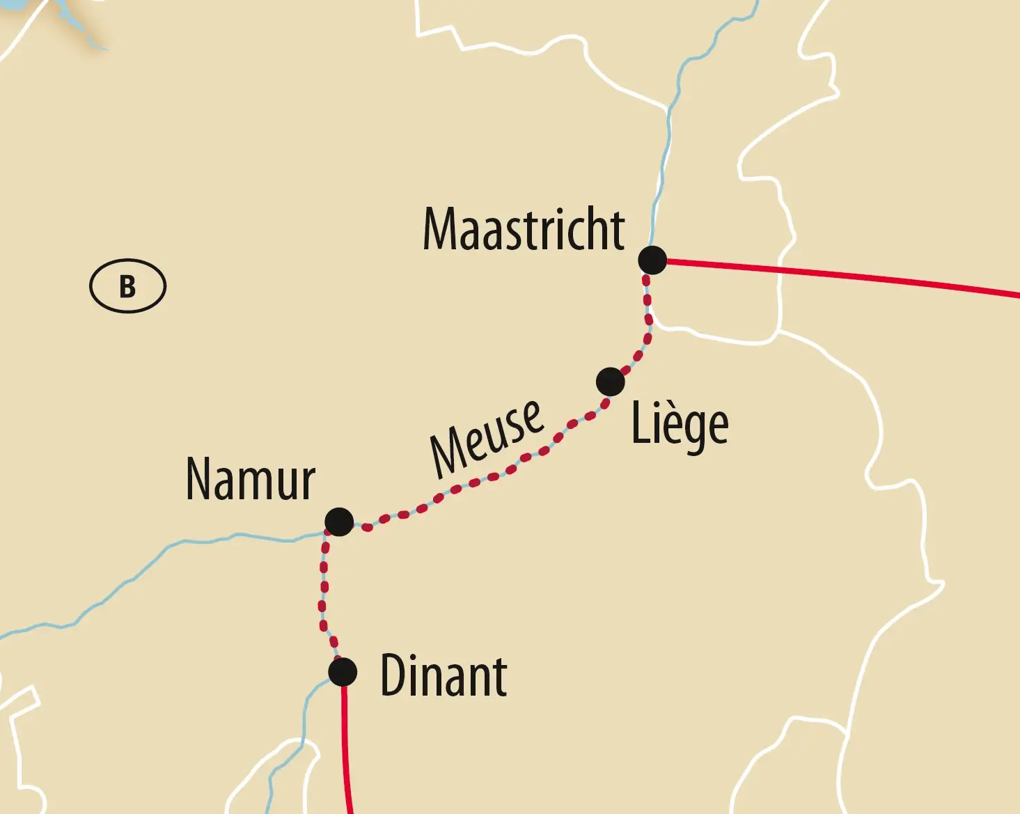 Carte de la Meuse montrant un itinéraire reliant Maastricht, Liège, Namur et Dinant