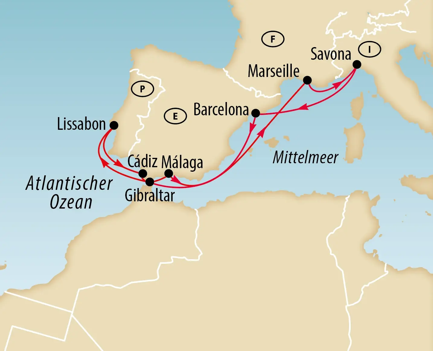 Karte mit der Reiseroute und Stopps während der Kreuzfahrt.