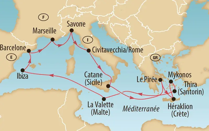 Carte de la Méditerranée avec itinéraire de croisière passant par Barcelone, Ibiza, Marseille, Savone, Civitavecchia Rome, Catane en Sicile, La Valette à Malte, Le Pirée Athènes, Mykonos, Santorin et Héraklion en Crète