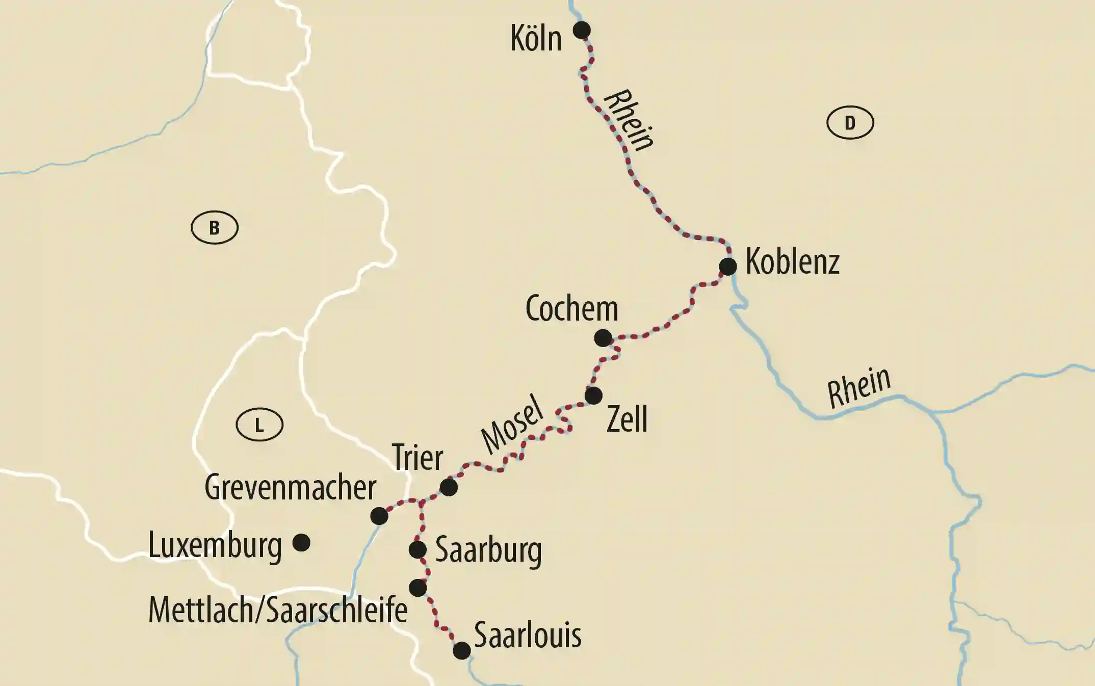 Karte der Route entlang Rhein und Mosel mit Stationen wie Köln, Koblenz, Cochem, Trier und Luxemburg.