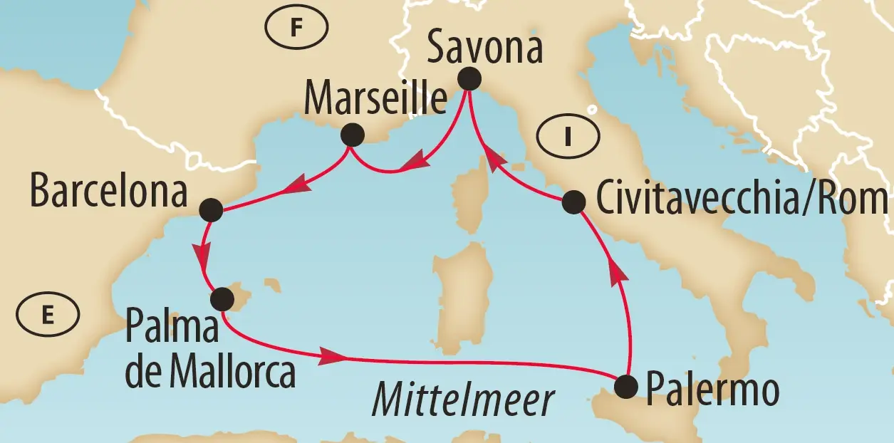 Karte mit der Route einer Mittelmeerkreuzfahrt