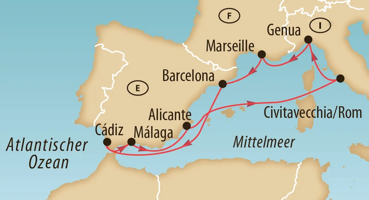 Karte der Mittelmeer-Kreuzfahrt mit Route über Genua, Civitavecchia (Rom), Barcelona, Marseille, Alicante, Málaga und Cádiz.