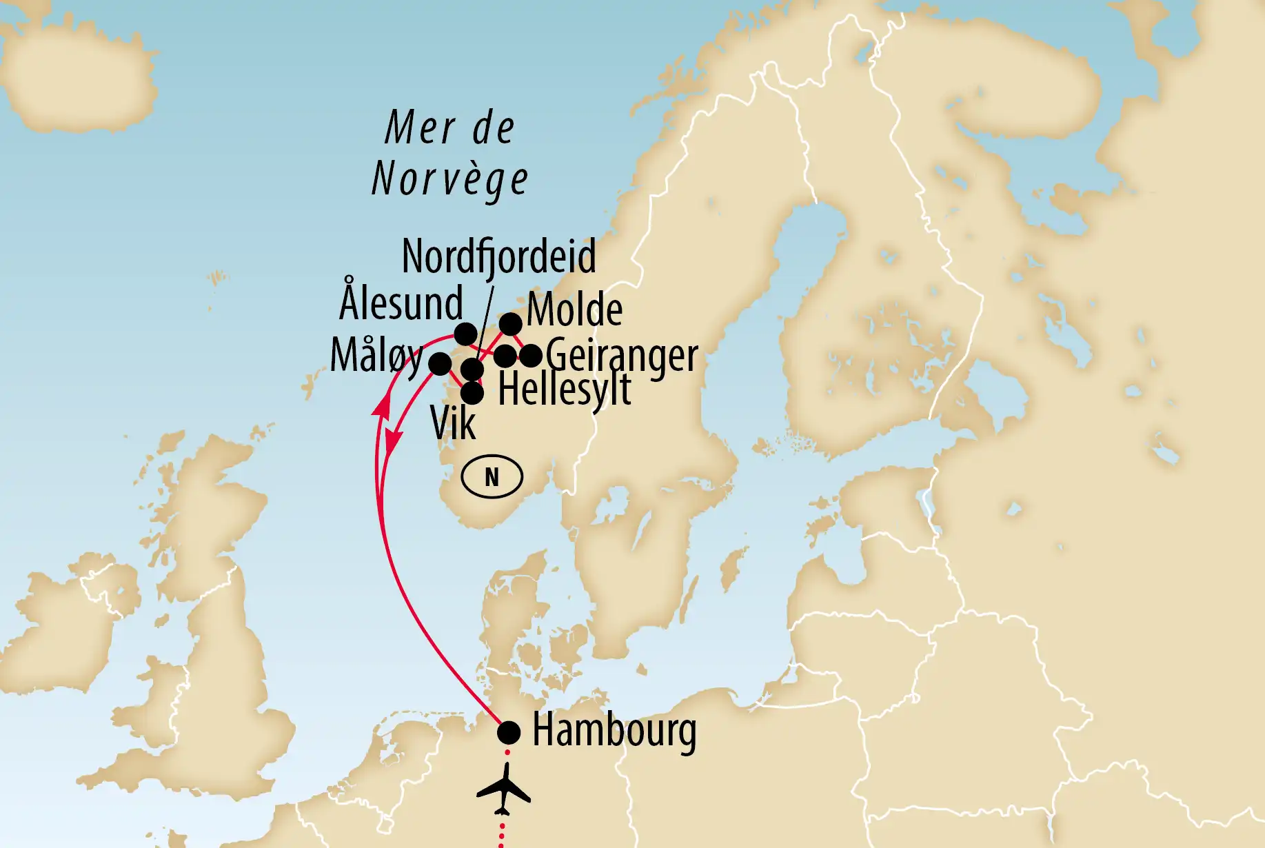 Carte de l'Europe du Nord avec itinéraire depuis Hambourg vers la Norvège