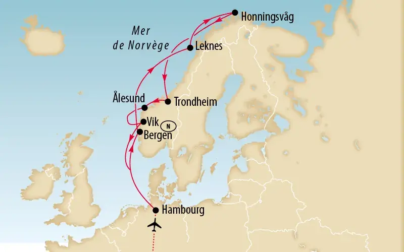 Carte de la Norvège avec itinéraire de croisière reliant Hambourg à Bergen, Vik, Ålesund, Trondheim, Leknes et Honningsvåg