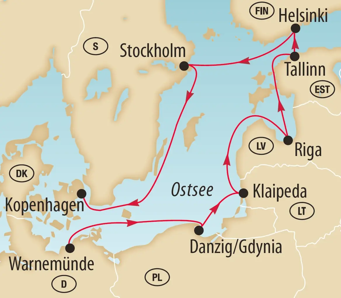 Übersichtskarte der Ostsee-Kreuzfahrt mit Reiseroute und angelaufenen Häfen.