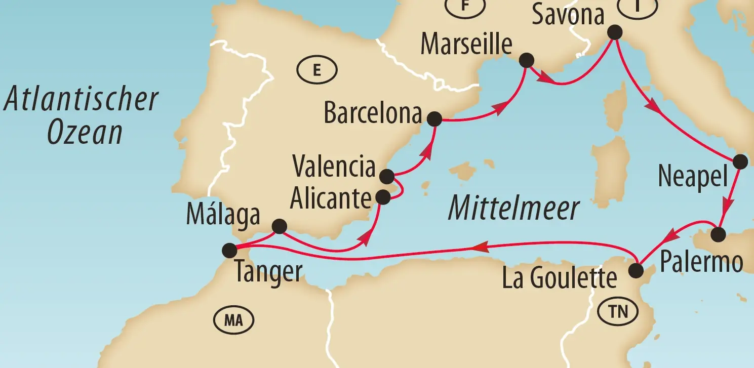 Karte einer Mittelmeer Kreuzfahrtroute mit markierten Häfen in Spanien, Frankreich und Italien