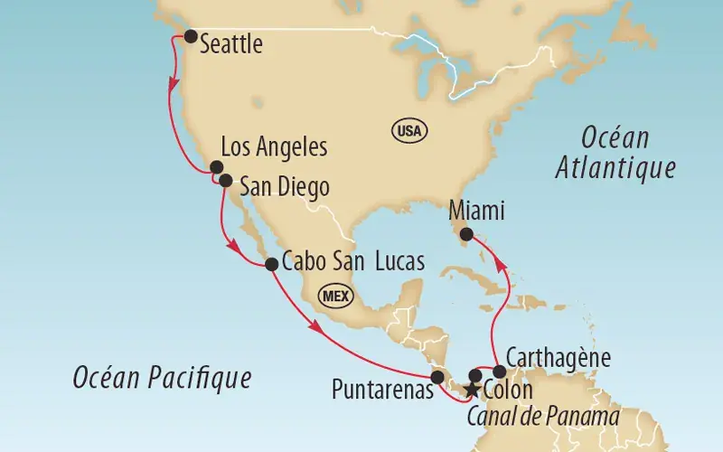 Carte de l'Amérique du Nord et centrale avec itinéraire de croisière reliant Seattle, Los Angeles, San Diego, Cabo San Lucas, Puntarenas, canal de Panama, Carthagène et Miami