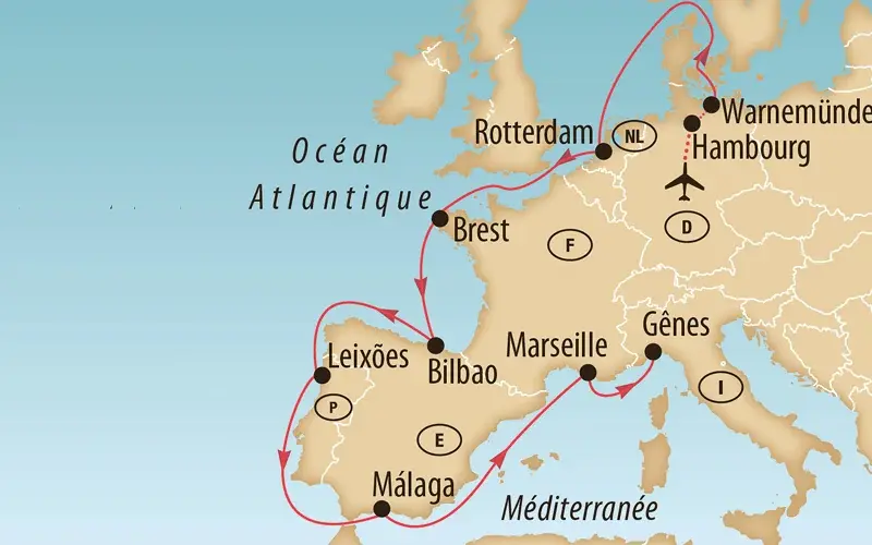 Carte de l Europe de l'Ouest avec itinéraire de croisière reliant Hambourg et Warnemünde à Rotterdam, Brest, Bilbao, Leixões, Málaga, Marseille et Gênes