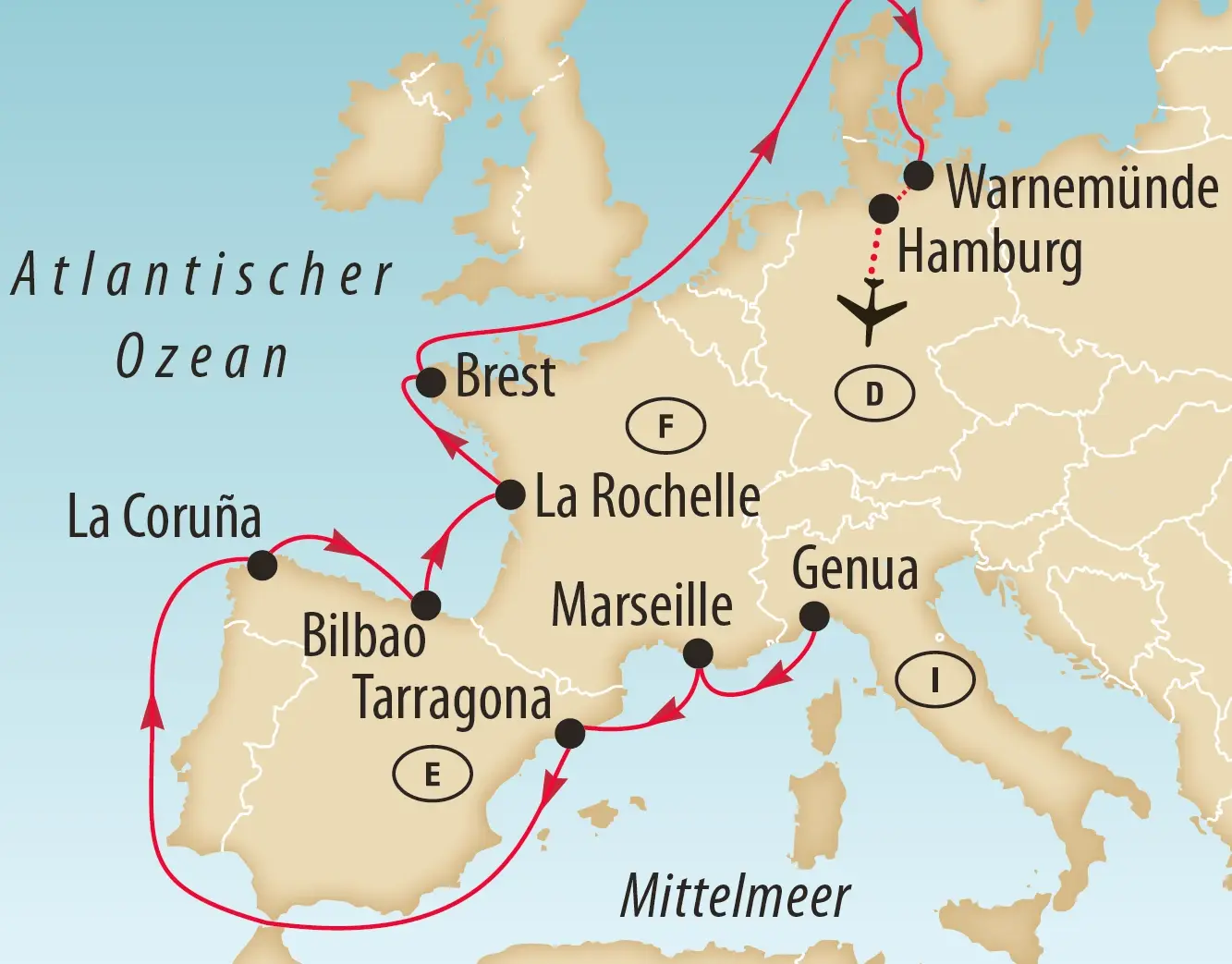 Übersichtskarte der Kreuzfahrt rund um Westeuropa mit Reiseroute und angelaufenen Häfen.