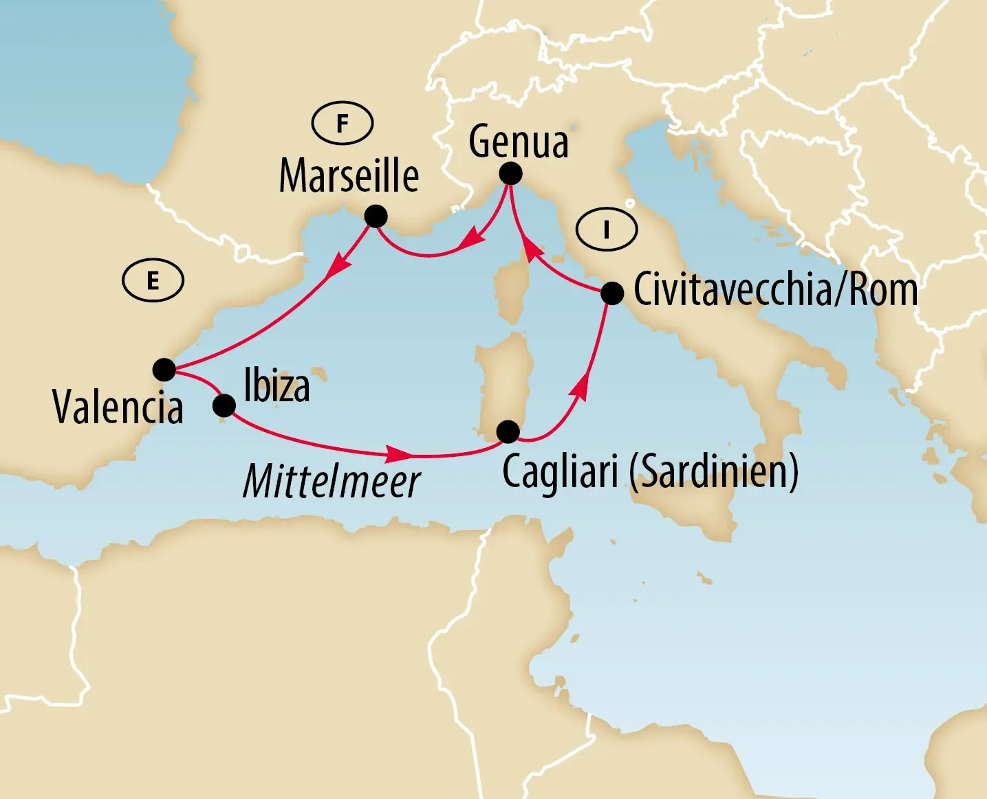 Karte mit der Reiseroute und Stopps während der Kreuzfahrt.