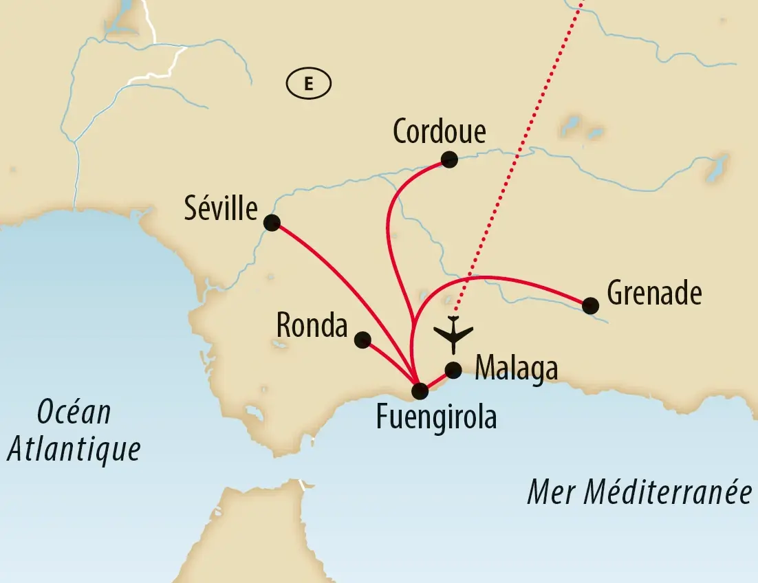 Carte avec itinéraire de voyage en Andalousie avec des etapes comme Seville Cordoue Grenade et Malaga 