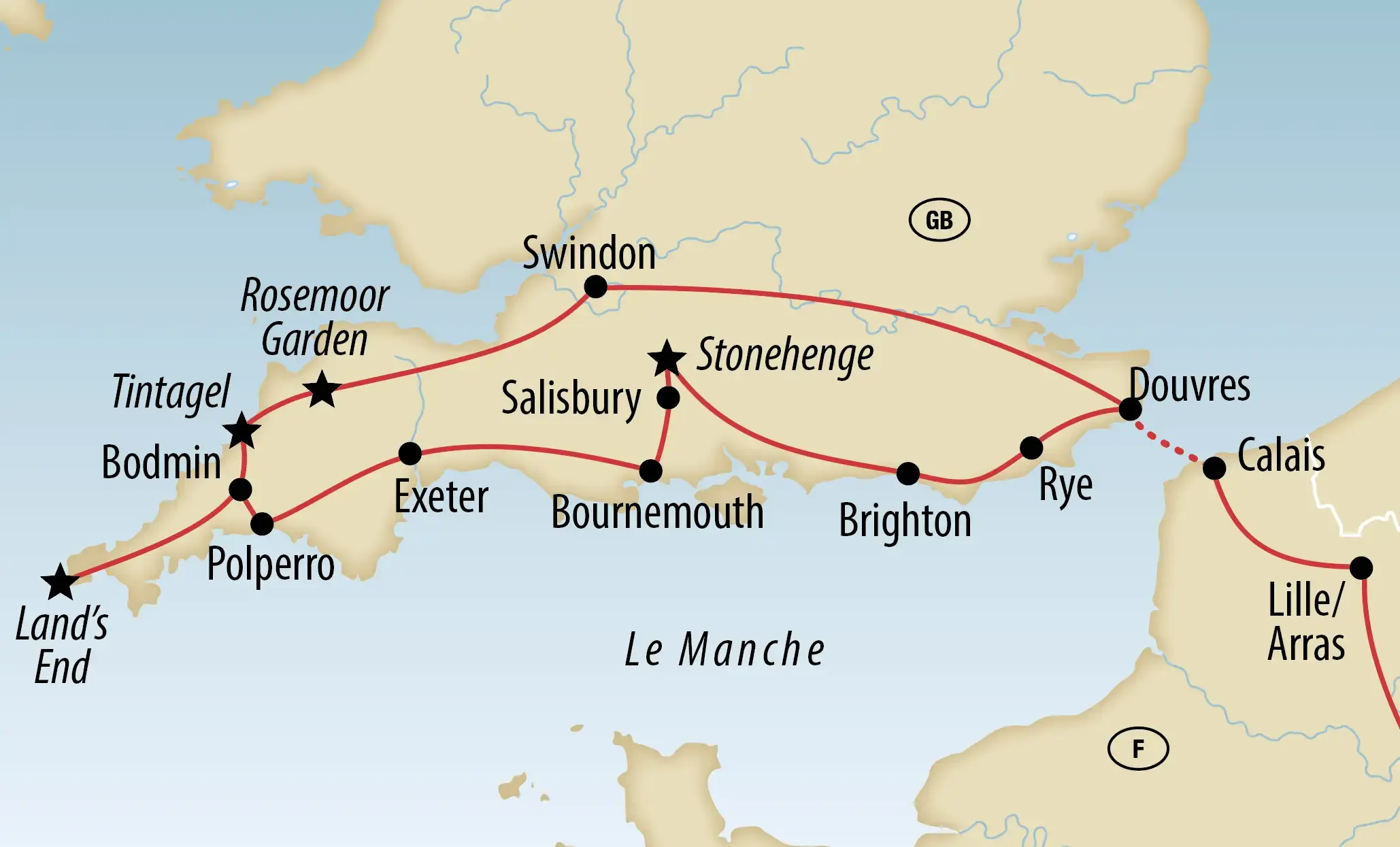 Carte générale du sud de l Angleterre et du nord de la France avec itinéraire marqué passant par Douvres, Stonehenge et la Cornouailles