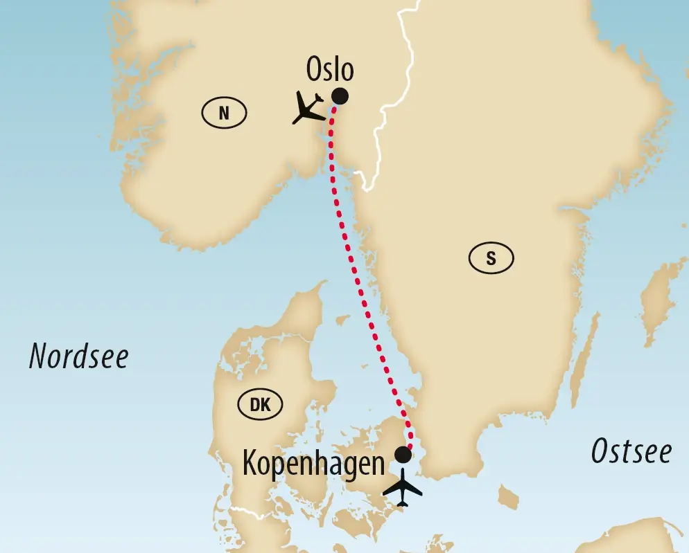 Karte von Skandinavien mit eingezeichneter Reiseroute von Kopenhagen nach Oslo über das Meer.