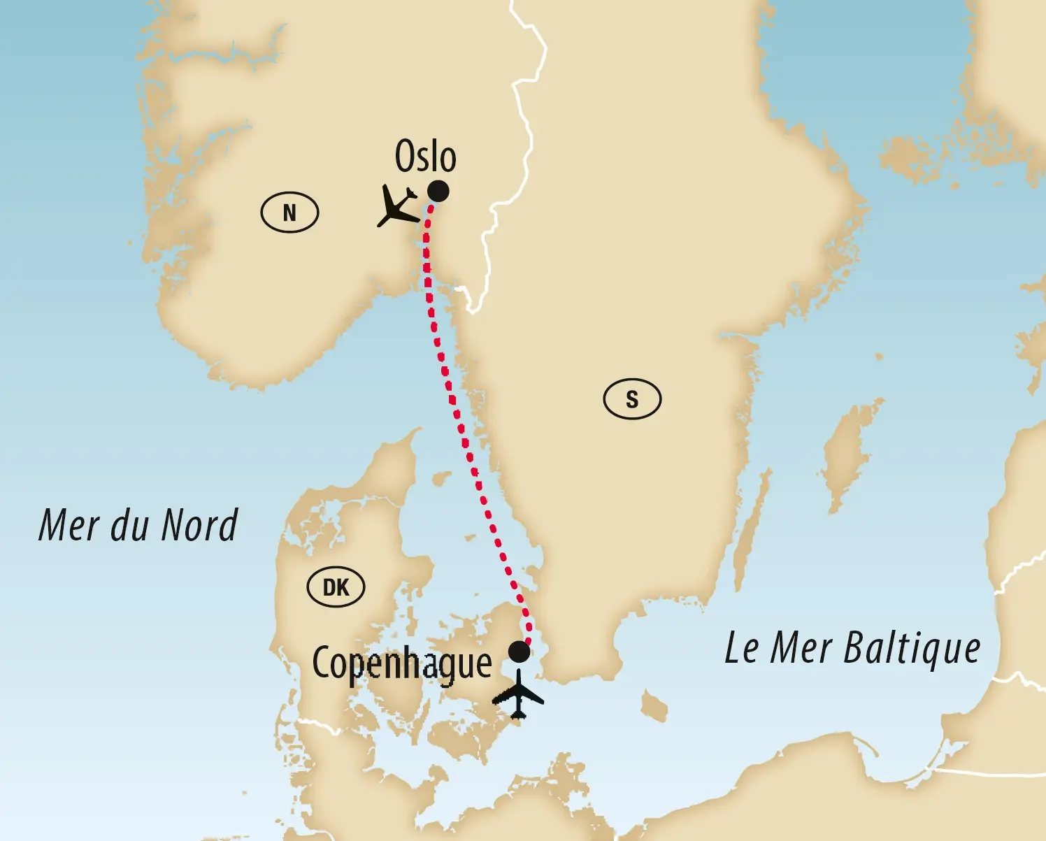 Carte de la Scandinavie avec un itinéraire tracé de Copenhague à Oslo à travers la mer.