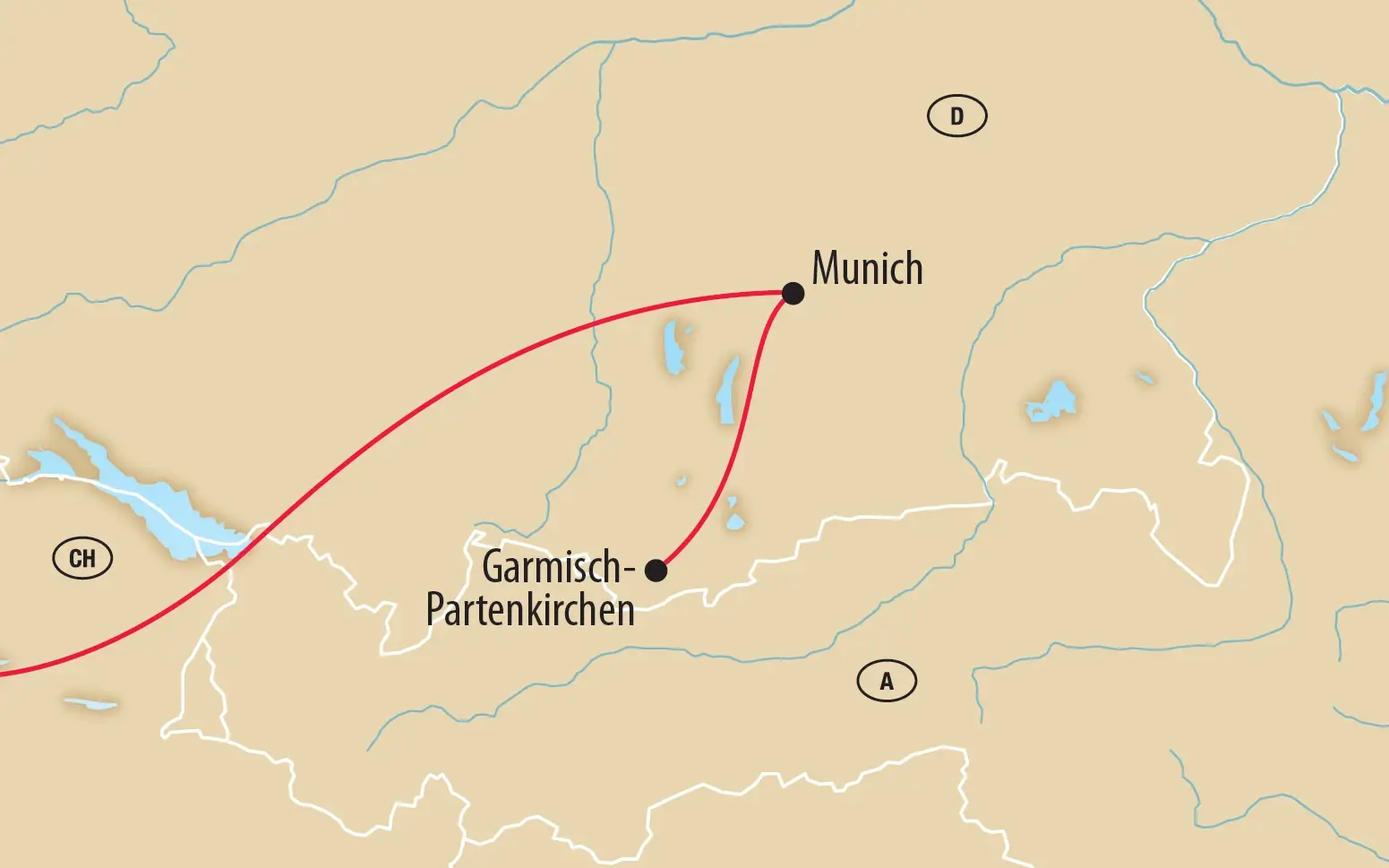 Carte montrant l itinéraire de Munich à Garmisch Partenkirchen en Bavière