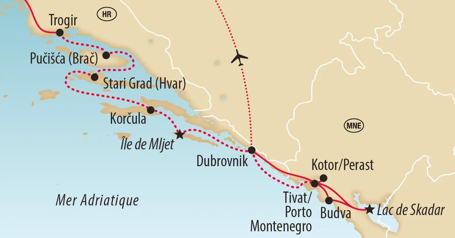 Carte d une croisiere en Adriatique de Trogir via Pucisca, Stari Grad, Korcula, Mljet et Dubrovnik jusqu a Kotor, Budva et le lac de Skadar au Montenegro.