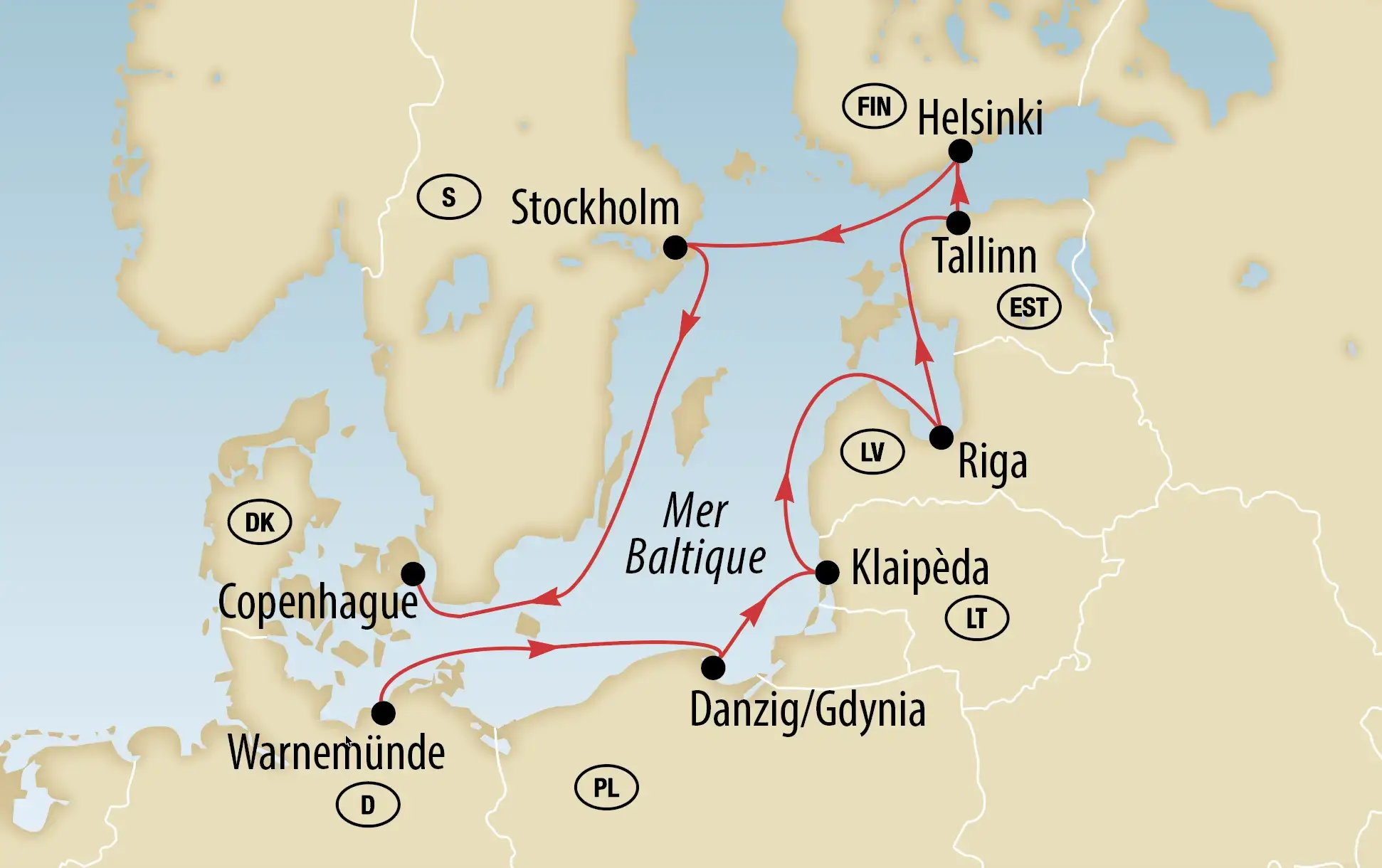 Carte d’ensemble de la croisière en mer Baltique avec l’itinéraire et les ports d’escale.