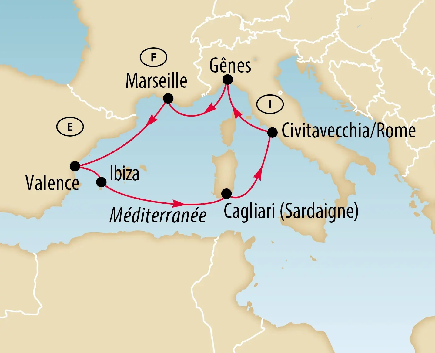 Carte montrant un itineraire de croisiere en Mediterranee occidentale avec escales a Genes Marseille Valence Ibiza Cagliari et Civitavecchia pres de Rome