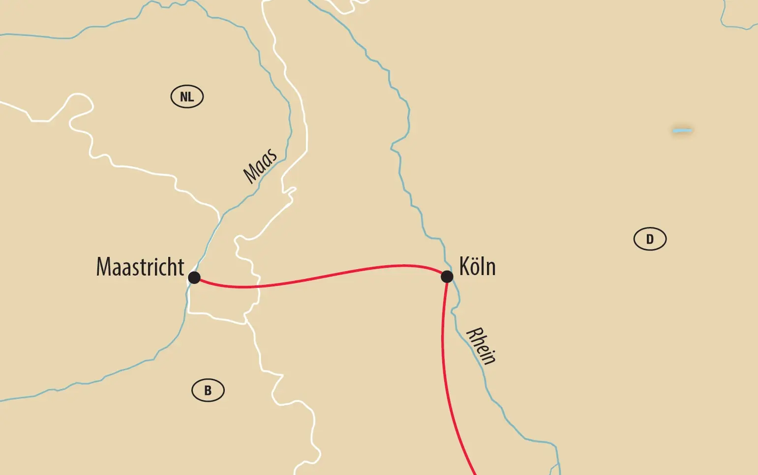 Karte mit Reiseroute zwischen Köln und Maastricht entlang von Rhein und Maas