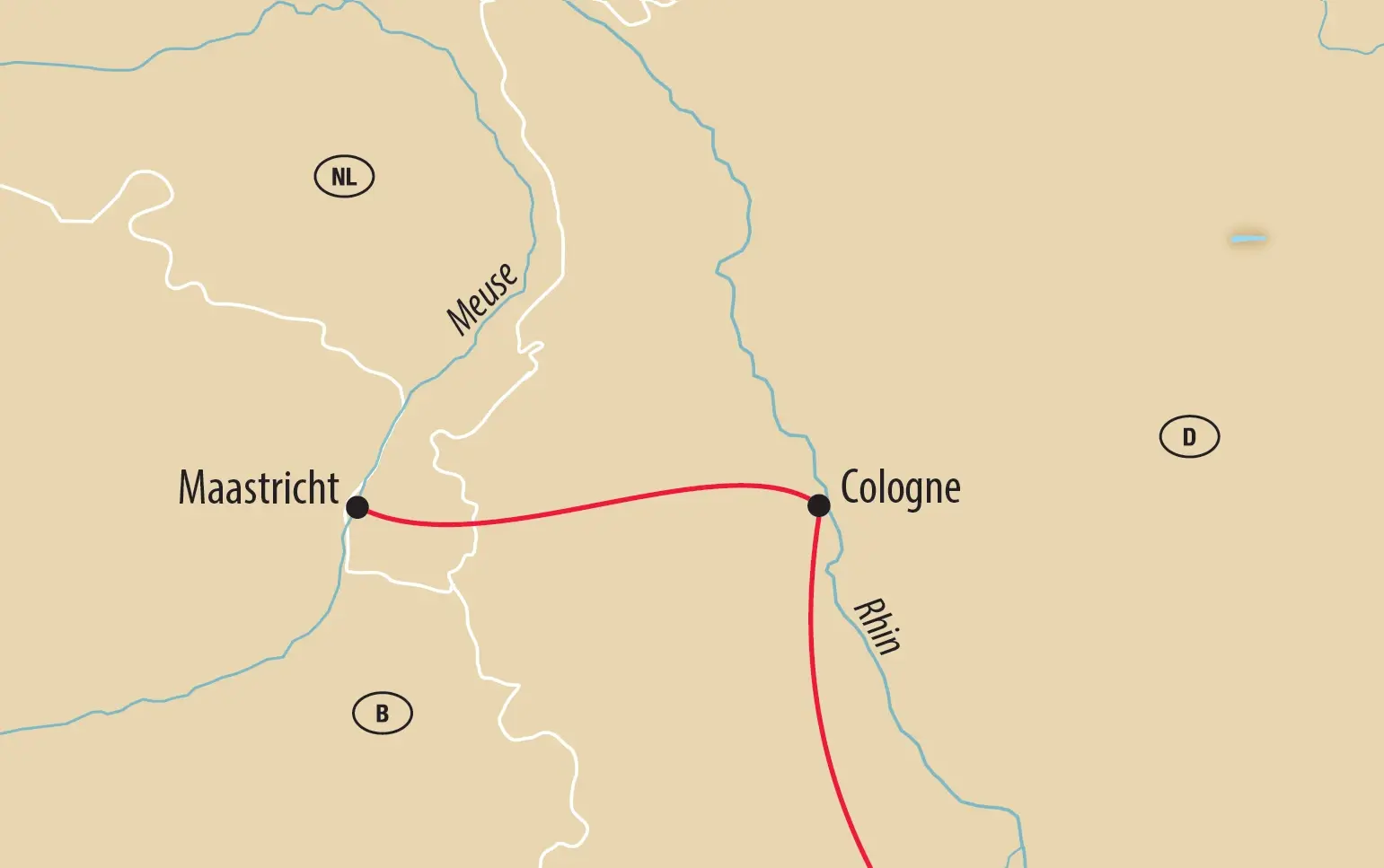 Carte en langue française montrant l itinéraire entre Cologne et Maastricht le long du Rhin et de la Meuse