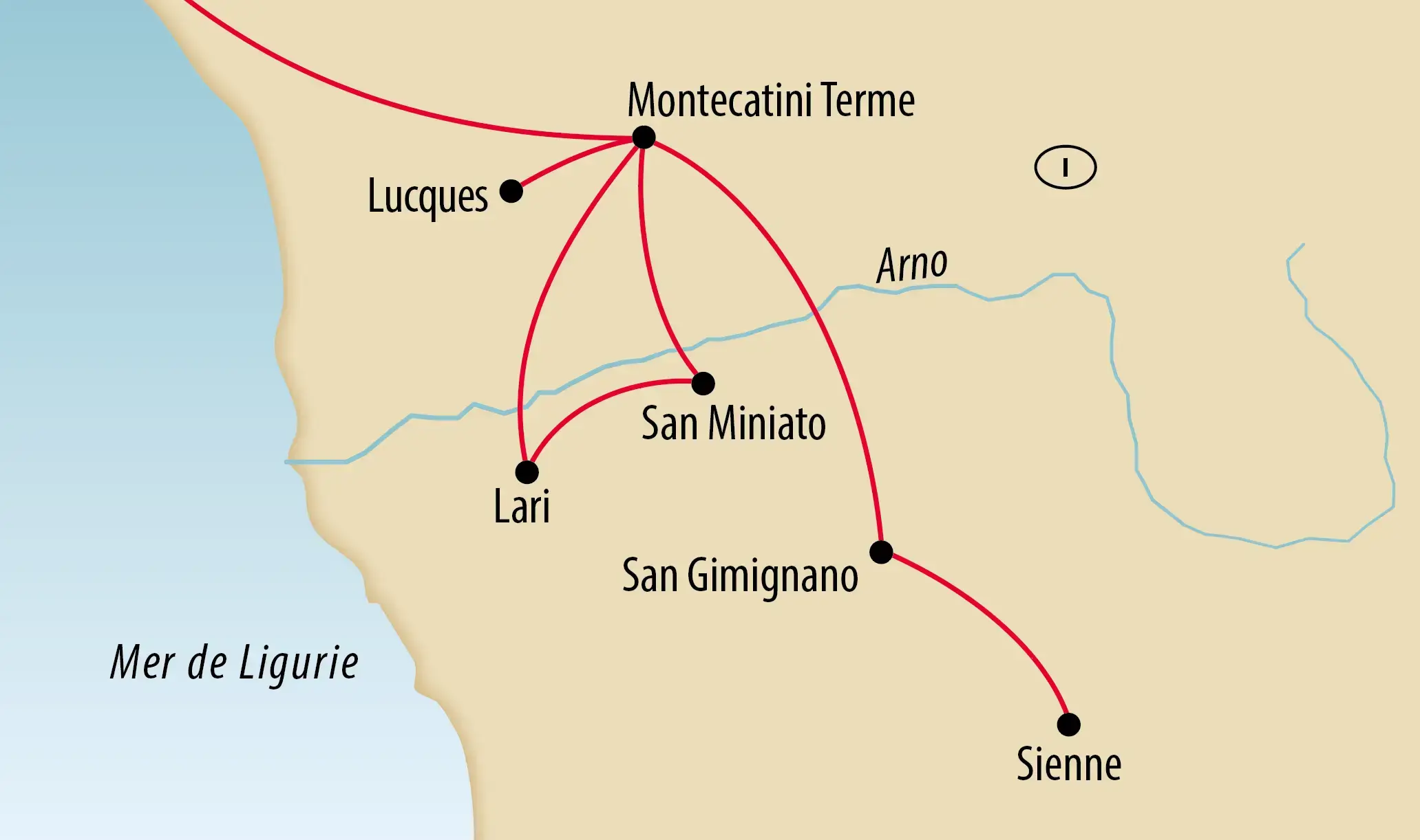 Carte de la Toscane avec itinéraire en rouge entre Montecatini Terme, Lucca, Lari, San Miniato, San Gimignano et Sienne; fleuve Arno et mer Ligure indiqués.