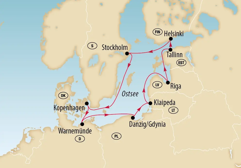Übersichtskarte der Ostsee-Kreuzfahrt mit Reiseroute und angelaufenen Häfen.