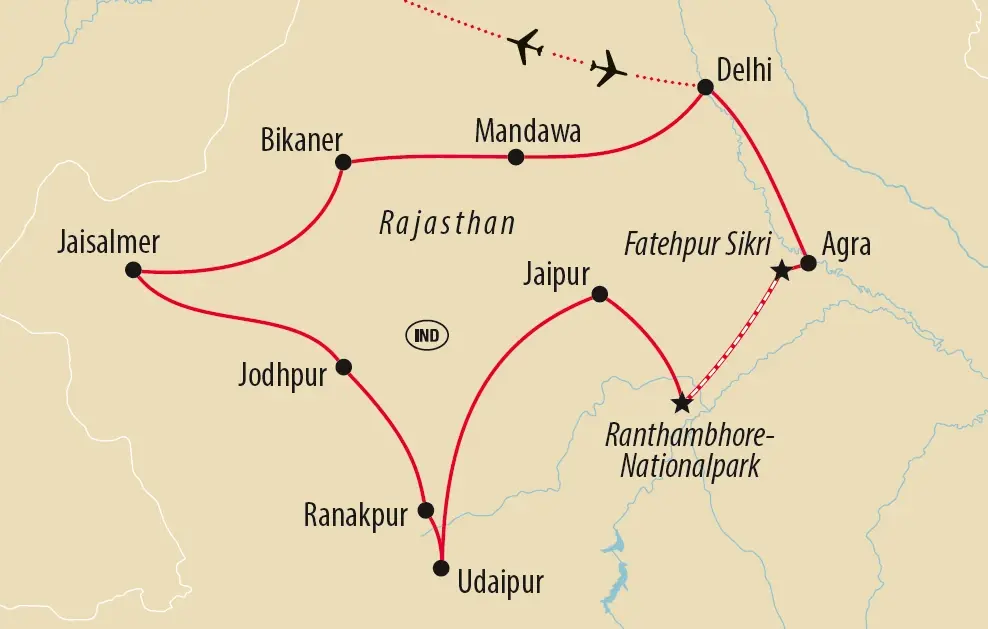 Reiseroute durch Rajasthan ab Delhi über Mandawa, Bikaner, Jaisalmer, Jodhpur, Ranakpur, Udaipur, Jaipur, Ranthambore Nationalpark und Agra.