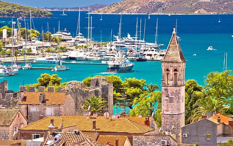 Trogir landmarks and turquoise sea view