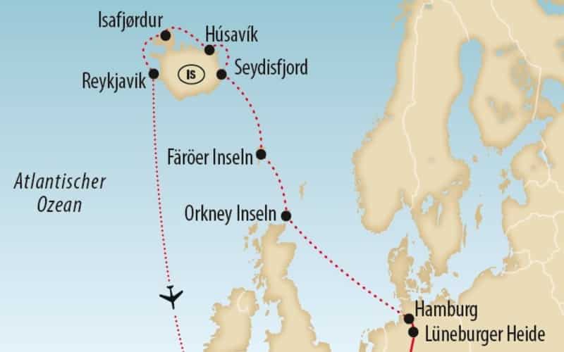 Karte Hamburg nach Island_800x500
